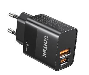  P1124ABK01-EU, UNITEK, Power Supply, EU, 20W Wall Charger, USB-A QC + USB-C PD, Black.
