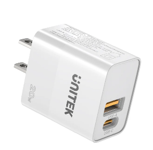 P1124AWH01-EU,  UNITEK, 20W 2-Port Wall Charger (USB-A QC + USB-C PD), White